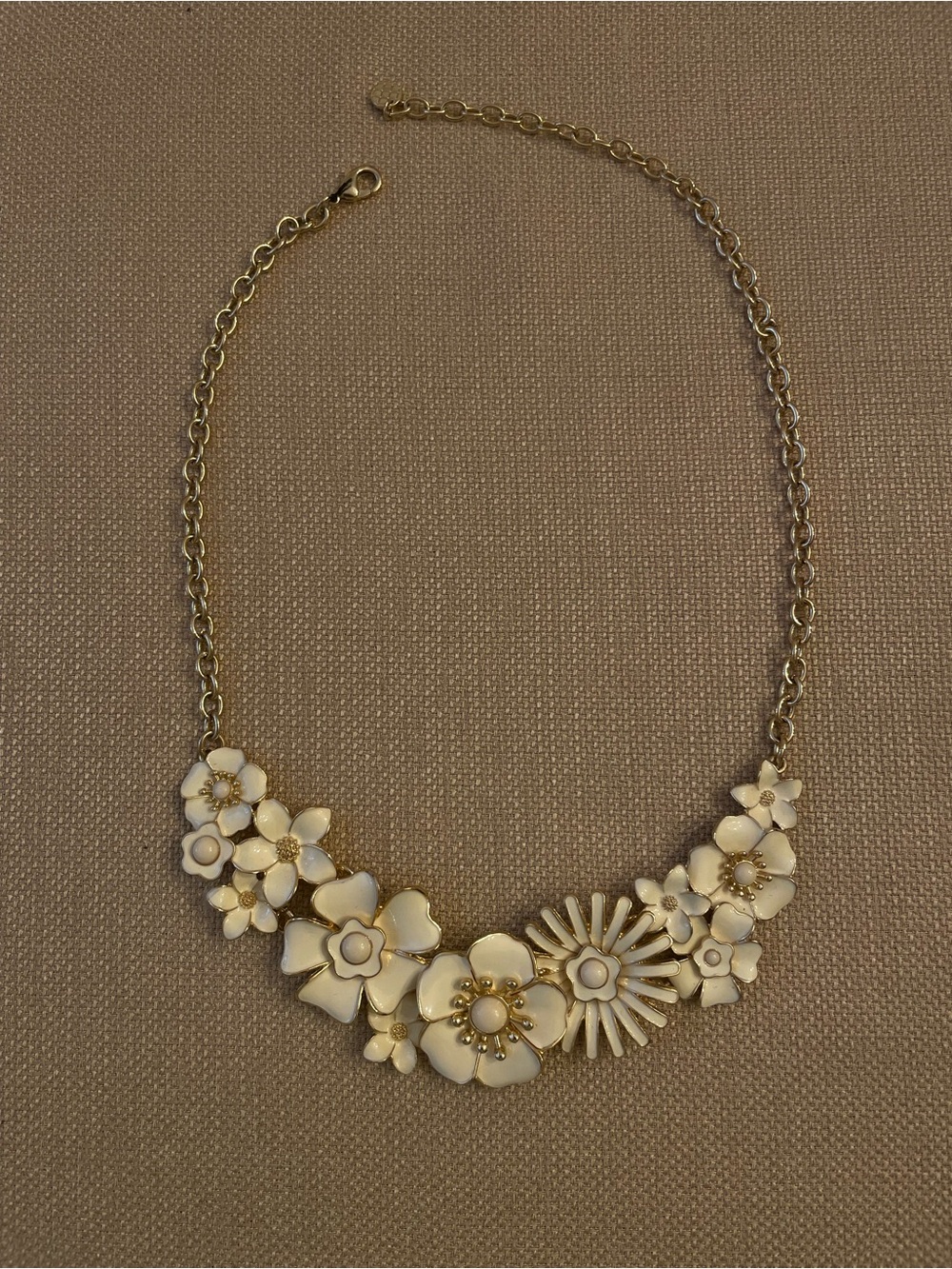 Talbots Ivory and Gold Floral Enamel Statement Necklace Approx 22” Long